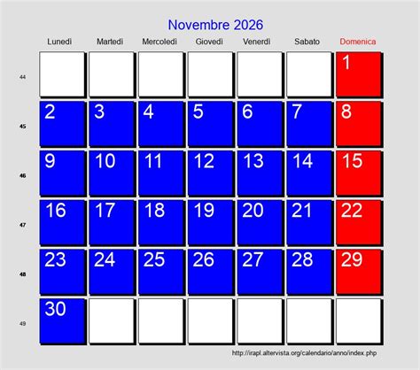 Calendario Novembre 2026 Con Festività E Fasi Lunari Avvento