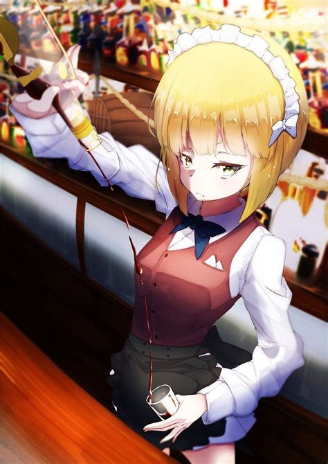 1girl C Alcohol Apron Armup Bar Barrel Bartender Blackapron Anime