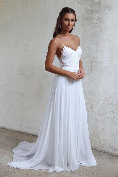 Beautiful A Line Lace Long White Spaghetti Straps Beach Wedding Dress