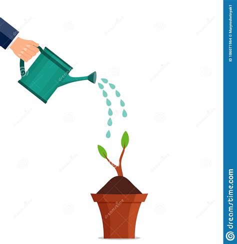 Hand Watering Can Plant. Floral Leaf Sprout Under Watering Watering Can. Agriculture Equipment ...