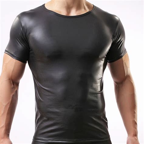 mens sexy faux leather t shirts male fashion men black nylon tees tight shirts gay funny
