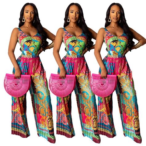 2021 New Product Print Pleated Sexy Halter Backless Wide Leg Jumpsuit