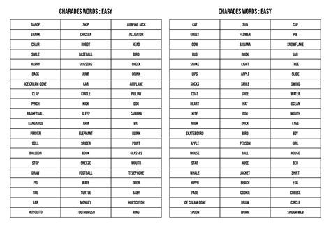 6 Best Images Of Printable Charades Words Charades Word List