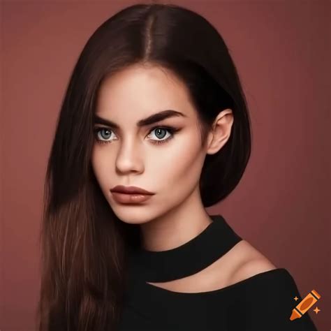 Portrait Of A Beautiful Woman With Dark Brown Hair And Brown Eyes