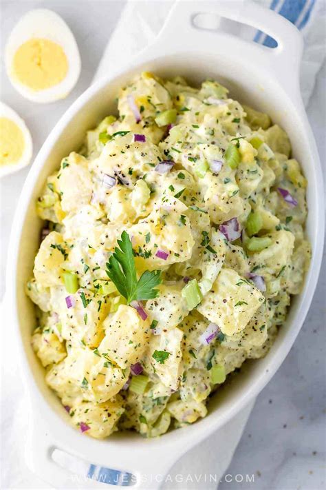 Classic and traditional recipe with potatoes, eggs, mayo, relish, onions and spices. Easy All-American Potato Salad Recipe - Jessica Gavin