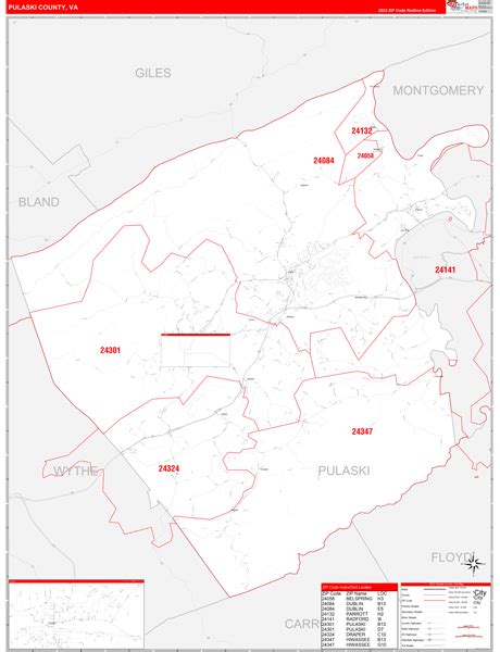 Pulaski County Va Zip Code Wall Map Red Line Style By Marketmaps