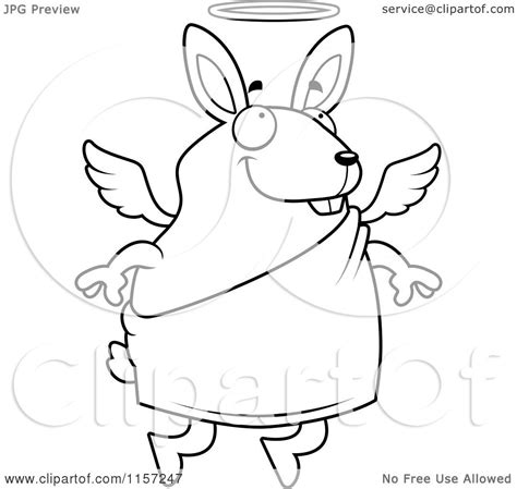 Cartoon Clipart Of A Black And White Flying Angel Rabbit
