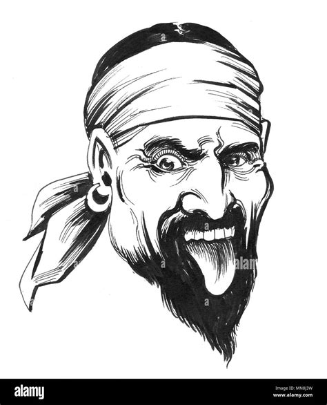 Crazy Pirate Character Ink Black And White Illustration Stock Photo Alamy