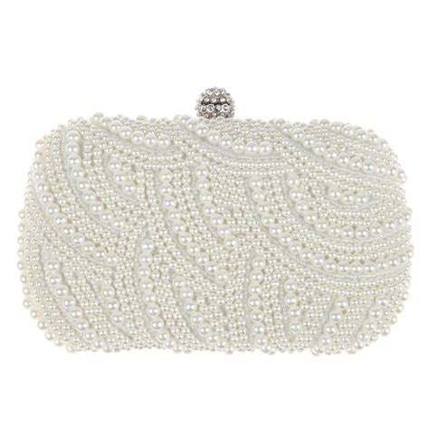 Oval Shaped Pearl Beaded Handbag Women White Clutch Bag Elegant Long