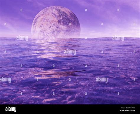 Huge Alien Moon Rising Over The Purple Ocean Of A Distant Planet Stock