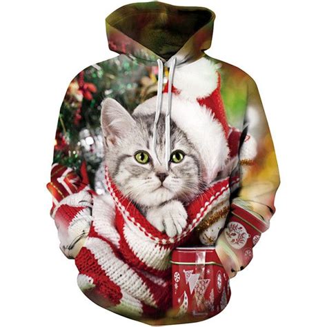 Womens Cute Christmas Cat Printed Long Sleeve Pullover Hoodie Green 24 Liked On Polyvore
