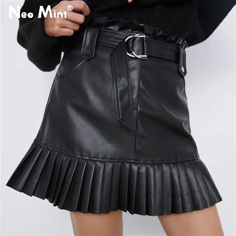 Stylish Ladies Sashes Tie Belt Pu Leather Skirt Women Street Fashion High Waist Femail Mini