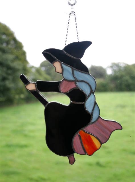 Stained Glass Halloween Witch On A Broomstick Suncatcher Fall Decor