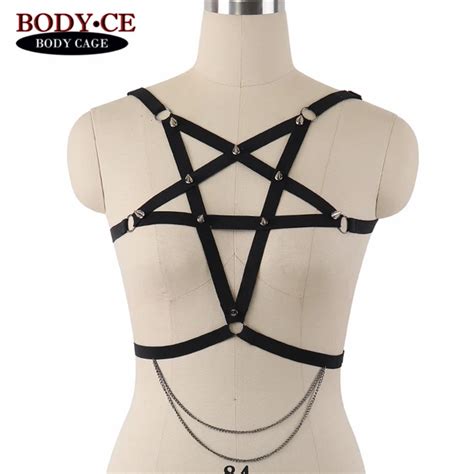 spike pentagram bondage harness lingerie black elastic adjust strappy tops body cage bra exotic