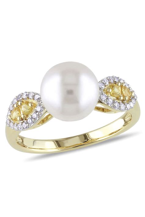 September Symphony 16 Ct Yellow Sapphire And White Pearl Ring In 10k