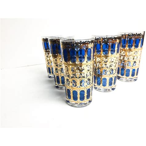 Vintage Culver Azure Blue And Gold Leaf Bar Glasses Set Of 5 Chairish