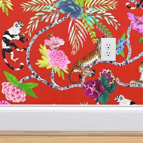 Removable Water Activated Wallpaper Chinoiserie Tropical Red