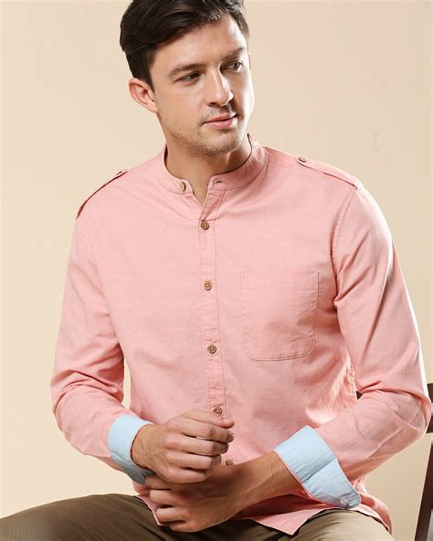 buy men s linen mandarin collar pocket full sleeves shirt for men pink online at bewakoof