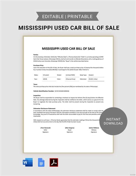 Free Mississippi Used Car Bill Of Sale Form Template Download In Word