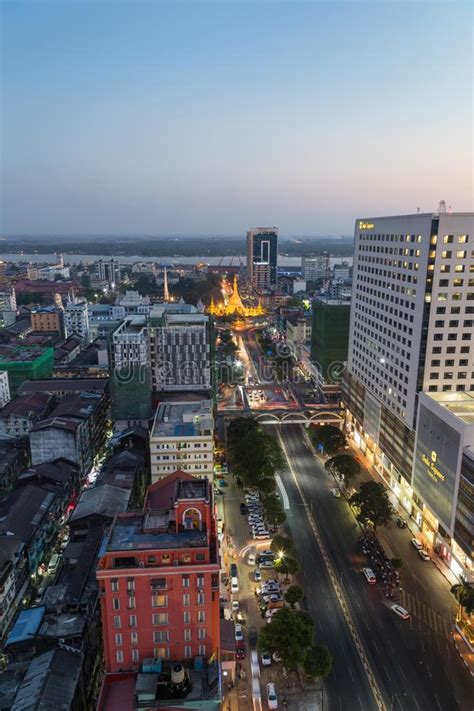 View Of Downtown Yangon From Above At Dusk Editorial Photo Image Of