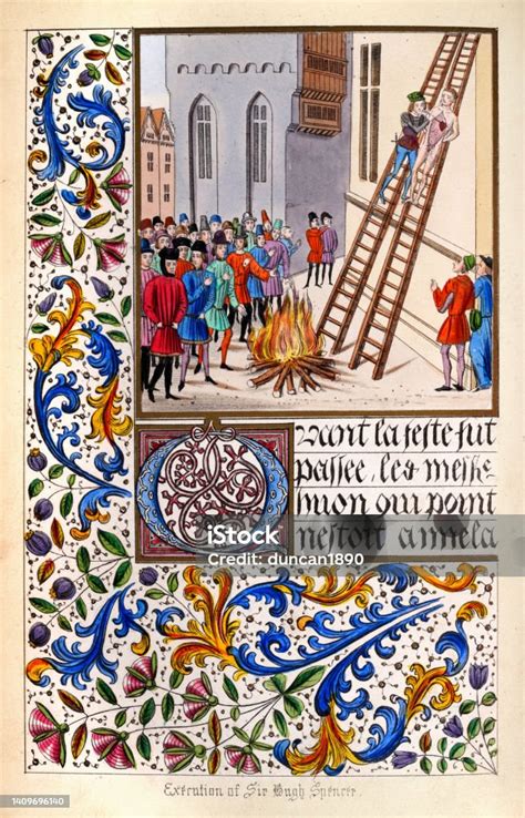 Illuminated Medieval Manuscript Showing The Execution Of Hugh Despenser The Younger In Hereford