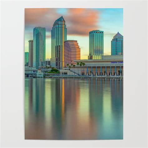 Panoramic Tampa Florida Skyline Reflections On The Bay Poster By