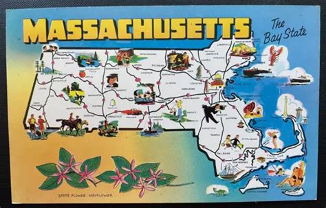 Vintage Postcard 1960s Tourist Map Of Massachusetts The Bay State 8