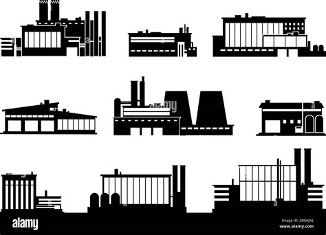 Factory Manufacturing Plant And Warehouse Black Silhouette Icons