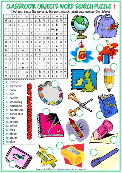 Objects in my pencil case. Classroom Objects ESL Printable Word Search Puzzle Worksheets