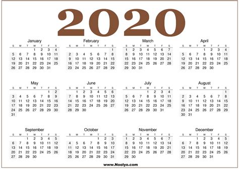 Green And Brown 2020 Printable Year Calendars Calendars