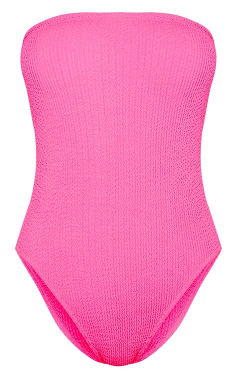Neon Pink Crinkle Strapless Swimsuit Prettylittlething Uae