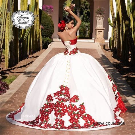 Split Front Floral Charro Quinceañera Dress Red And White Quinceanera