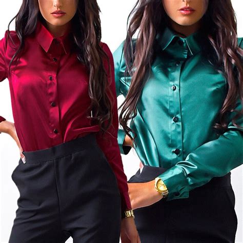 women silk satin blouse button lapel long sleeve shirts ladies office work elegant female top