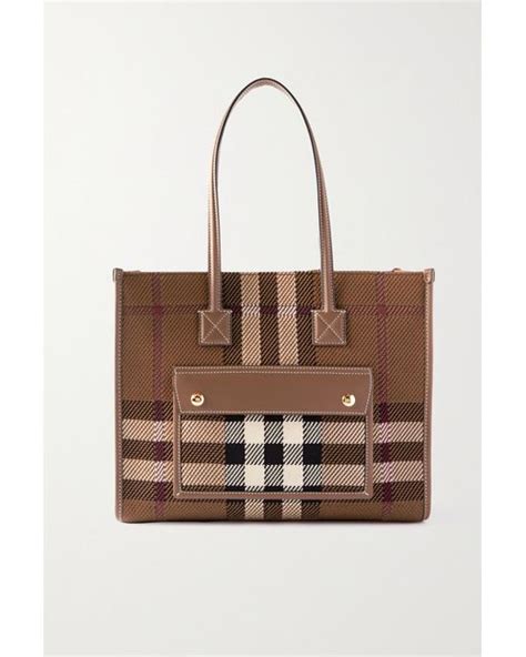 Burberry Small Leather Trimmed Checked Canvas Tote In Brown Lyst