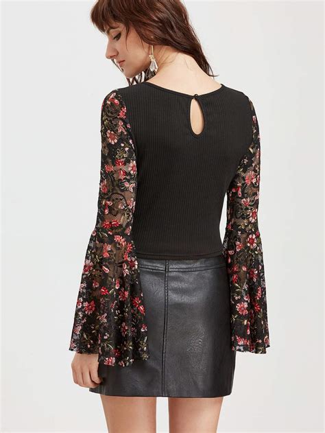 Black Floral Lace Bell Sleeve Ribbed Top Sheinsheinside