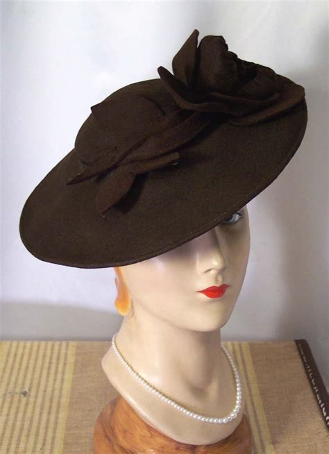 circa late 1930s 1940s brown felt wide brim tilt hat hats vintage beautiful hats hats