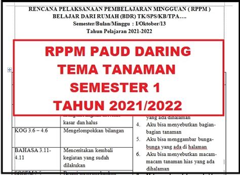 Rppm Paud Daring Tema Tanaman Semester 1 Tahun Pelajaran 20212022