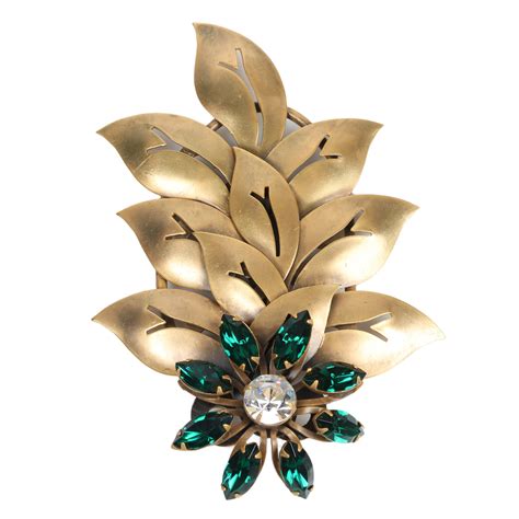 Lot Joseff Of Hollywood Large Gold Tone Layered Leaves And Bejeweled Flower Pin Brooch 4 12