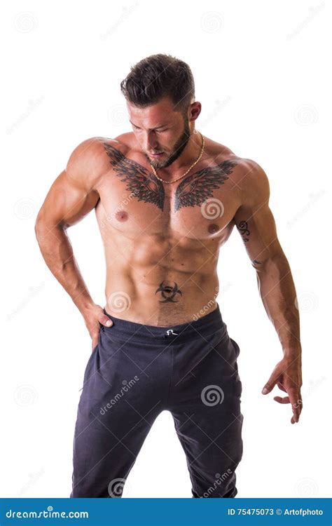 Handsome Topless Muscular Man Standing Isolated Stock Image Image Of Macho Bodybuilder