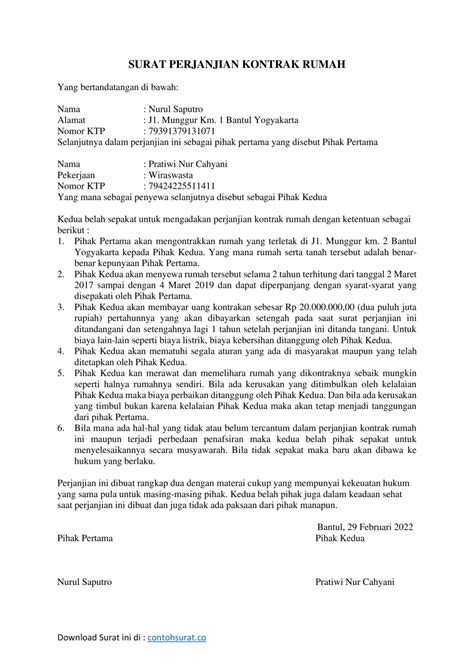 Pihak pertama adalah orang yang memiliki rumah kontrakan sewa dan pihak kedua merupakan calon penyewa rumah kontrak tersebut. Contoh Surat Perjanjian Sewa Rumah yang Ringkas - Contoh Surat