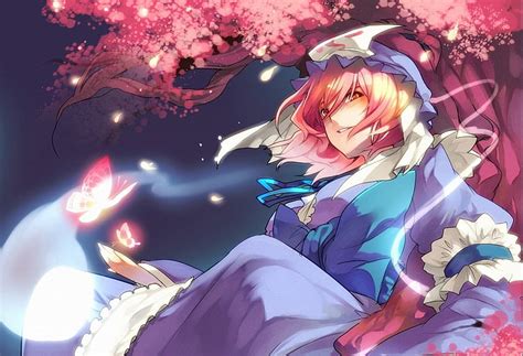 Hd Wallpaper Touhou Cherry Blossoms Flowers Blue Eyes Katana Weapons