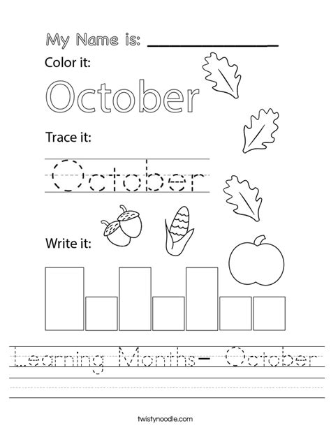 Learning Months October Worksheet Twisty Noodle
