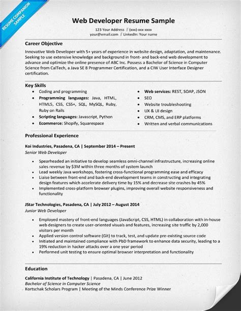Web Developer Resume Sample And Writing Tips Resume Companion