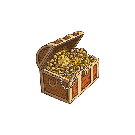Wooden Treasure Chest With Gold Coins Cartoon Sketch