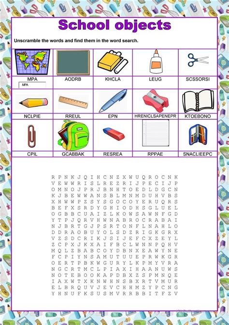 Classroom Objects Esl Word Search Puzzle Worksheets A Classroom Esl