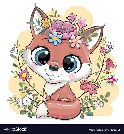 Cartoon Fox With Flowers And Branches Royalty Free Vector