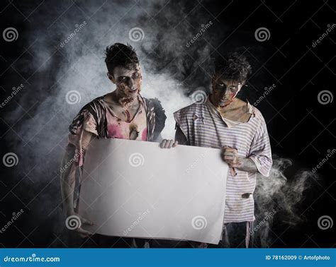 Two Male Zombies Holding Empty White Banner Stock Image Image Of Face