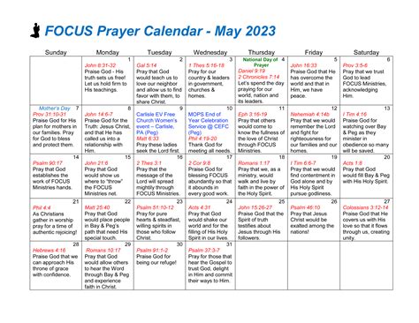 Focus Prayer Calendar May 2023 Focus Ministries