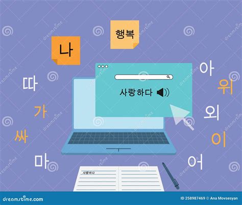 Learning Korean Language Using Computer, Internet. Stock Vector