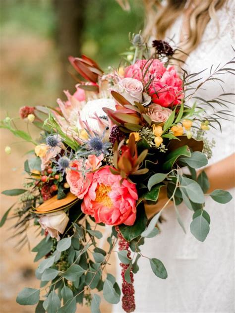 Colorful Bouquet For A Fall Wedding With King Protea And Bright Peonies